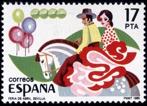 The Feria of Sevilla: par i folkdräkt till häst - spansk frimärke av Spanish School