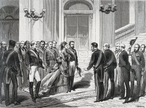 Kungen av Spanien Amedee I (Amedeo Ferdinando Maria di Savoia) (1845-1890) och hans hustru Queen Mary Victory dal Pozzo della Cisterna (1847-1876) vid deras ankomst till det kungliga palatset i Madrid den 19/03/1871. Gravyr från ""La Ilustracion Espanola y av Spanish School