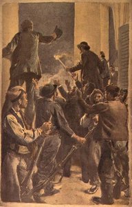 Proklamationen av det revolutionära rådet i stadshuset i Barcelona, 29 september 1868 (akvarell och penna på papper) av Spanish School