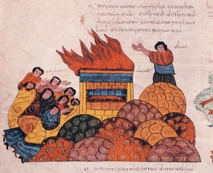Profeten Elias ber på berget Karmel för att Israels Gud ska få rättfärdighet inför Baals präster och eld faller från himlen (I Kungaboken 18), fol.145v., från den visigotisk-mozarabiska bibeln från St. av Spanish School