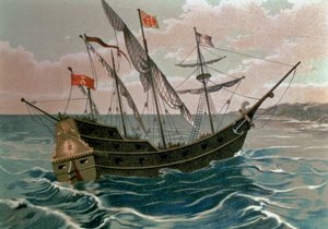 Santa Maria som närmar sig den nya världens kust 1492, från "The Discovery of America", pub. Barcelona av Spanish School