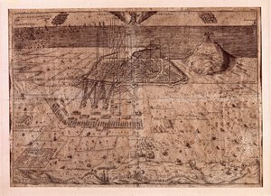Upphävandet av Katalonien eller skördemännens krig (1640-1659), Barcelonas högkvarter till sjöss och på land av Filip IV av Spaniens trupper (1605-1665). Gravyr 1652. Stadshistoriska museum, Barcelona. av Spanish School