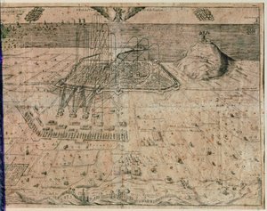 Belägringen av staden Barcelona av kung Filip IV:s trupper under skördemakarnas krig 1640-52 (gravyr) av Spanish School