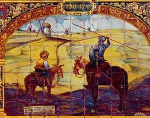 Kakel som föreställer Don Quijote och Sancho Panza som förbereder sig för att attackera väderkvarnarna (keramik) av Spanish School