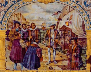 Kakel som föreställer kung Karl I av Spanien som förbereder sig för att gå ombord 1520 från hamnen i La Coruna för att acceptera hans val till helig romersk kejsare (keramik) av Spanish School
