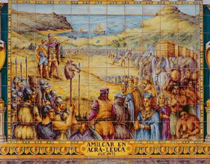 Kakel som visar landstigningen av Hamilcar och hans son Hannibal vid Akra Leuce under det första puniska kriget (264-241 f.Kr.) (keramik) av Spanish School