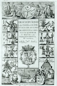 Titelsidan för Beskrivning av Västindien av Antonio de Herrera y Tordesillas, Madrid-upplagan, 1725 av Spanish School