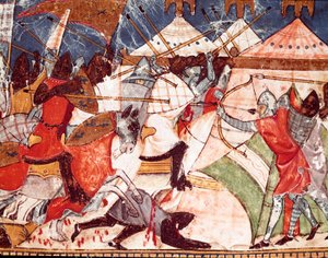 Trojankrig: Trojaner invaderar det militära lägret för grekiska krigare. Detalj av en miniatyr från det spanska manuskriptet "Codex Benito de Santa Mora"" av Spanish School