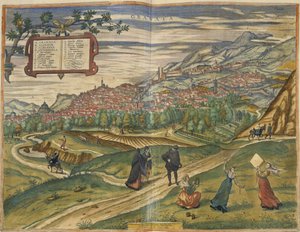 Utsikt över Granada (handfärgad gravyr) av Spanish School