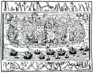 Utsikt över Lissabon från Book of Greatness and Memorable Things of Spain av Pedro Medina, 1548 av Spanish School