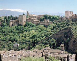 Utsikt över Alhambrapalatset från nordost, 1300-1500-talet av Spanish School