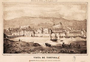 Utsikt över staden Tortosa i Spanien, i "Historien om Cabrera och inbördeskriget" av Damaso Calbo och Rochina de Castro av Spanish School