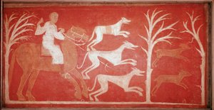 jaktscen som visar hundar som springer efter match. 1150. Fresk från eremitaget Baudelio de Berlanga, Soria. Bevara på Pradomuseet. av Spanish School