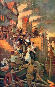 Den stora branden i London 1666, illustration från Hutchinsons "The Story of the British Nation", ca 1920 (färglitografi). av Stanhope Alexander Forbes