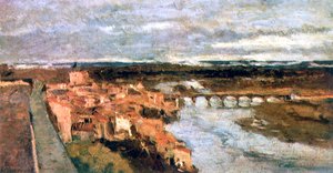 Landskap med by och bro, c1855-1892 av Stanislas Lepine