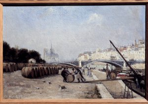 Seinen vid Sully-bron, vinporten, Quai Saint Bernard. Målning av Stanislas Lepine (1835-1892). 1882-1885. Dämpa. 0,15 x 0,23. Privat samling