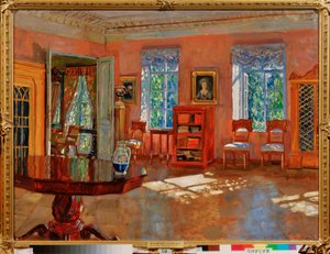 Interiör av biblioteket i en herrgård. Målning av Stanislav Yulianovich Joukovski (Zjukovskij) (1873-1944), olja på duk, omkring 1910. Rysk konst, 1900-talet, modernism. Statens konstmuseum i Tatarstan, Kazan (Ryssland).