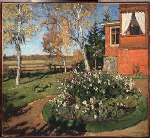 En rabatt. (Framför ett hus och ett landsbygdslandskap). Målning av Stanislav Yulianovich Zhukovsky (Zhukovsky) (1873-1944), olja på duk