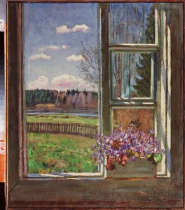 Violer framför fönstret. Målning av Stanislav Yulianovich Zjukovsky (Zjukovsky) (1873-1944), olja på duk 1931. Rysk konst, 1900-talet, modern konst. Statens konstmuseum, Dnepropetrovsk (Ukraina).