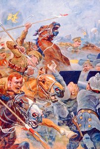 The 9th Lancers Charge under Retreat from Mons (färg litho)