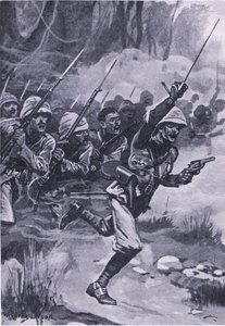 Britterna laddar Ashantis vid Amoaful, 31 januari 1874, illustration från brittiska striderna på land och hav, 1915 av Stanley L. Wood
