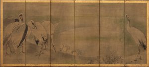 Tranor och krysantemum, Momoyama- eller Edo-perioden, 1568-1868.