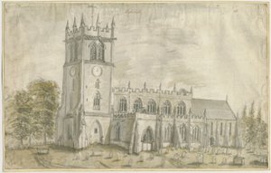 Eccleshall Church: akvarellmålning, nd [1762-1802] av Stebbing Shaw