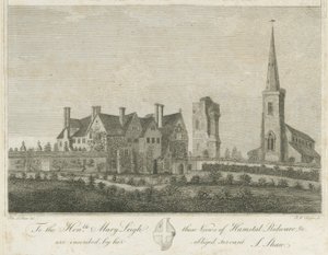 Hamstall Ridware - Kyrka och herrgård: gravyr, nd [1762-1802] av Stebbing Shaw