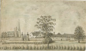 Hamstall Ridware - Kyrka och herrgård: akvarellmålning, nd [1762-1802] av Stebbing Shaw