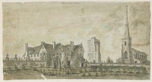 Hamstall Ridware - Kyrka och herrgård: akvarellmålning, nd [1762-1802] av Stebbing Shaw