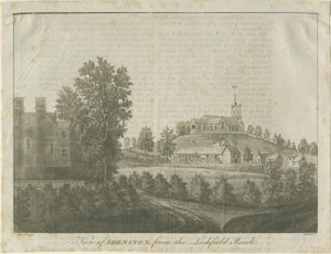 Shenstone Church and Village: akvatintgravyr, 1792 av Stebbing Shaw
