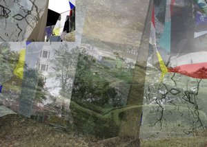 Ett surrealistiskt stadslandskap i flera lager