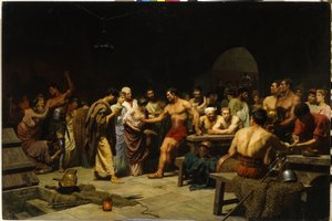 Gladiatorer innan de går in på arenan. (Gladiatorerna före ett framträdande på Arena). Romerska patricier besöker och bedömer gladiatorernas fysik före kampen, kvinnor smickrar och gratulerar kämparna. Målning av Stepan (