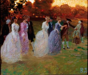 Slottets återkomst Eleganta ungdomar som återvänder från en världslig händelse (fest eller mottagning) (Återvänder från palatset) Målning av Stefano Baghino (1881-1920) gener, Galleria d