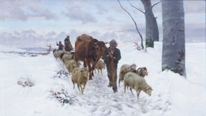 På väg tillbaka från marknaden efter snöfallet, före 1877 (olja på duk)