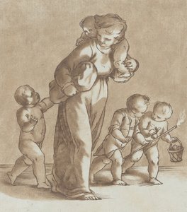 En ung flicka går åt vänster med ett spädbarn på axeln och håller ett annat..., ca. 1780.