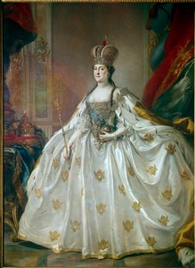 Porträtt av den ryska imponen Katarina II den stora (1729-1796) i hennes målning av kröningsklänningen av Stefano Torelli (1712-1784) Eremitaget från 1700-talet, Sankt Petersburg
