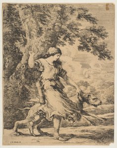 En nymf som håller en stor hund i halsbandet, ca. 1654. av Stefano della Bella