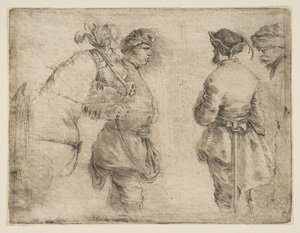 En påle som leder en häst vid tränsen och talar med två andra män, ca. 1662. av Stefano della Bella