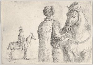 En polsk betjänt, sedd bakifrån, håller tygeln på en häst åt höger, en polsk hor..., ca. 1662. av Stefano della Bella