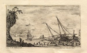 En hamn med solnedgång i bakgrunden av Stefano della Bella