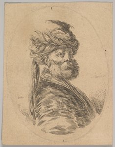 En turkisk man med skägg och turban med en lång fjäder fram, blev trekvart..., 1650.