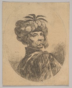 En turkisk man med mustasch, klädd i en turban dekorerad med fem egretfjädrar, turne..., 1650.