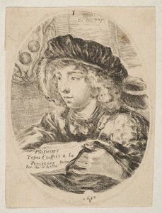 En byst av en ung man som bär en keps med fjädrar, vände tre fjärdedelar åt vänster, den ..., 1650. av Stefano della Bella