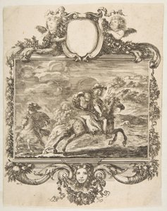 En kavaljer och en dam till häst, inom en utsmyckad bård dekorerad med frukt och c..., ca. 1655. av Stefano della Bella