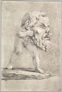 Ett barn som bär en stor mask och för sin hand genom munnen, ca. 1660. av Stefano della Bella
