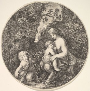 En kvinnlig satyr som ammar ett barn till höger, vänd mot vänster, ett satyrbarn..., 1639. av Stefano della Bella