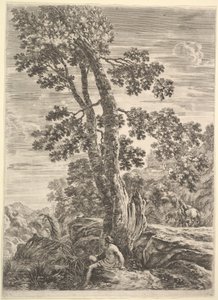 En fiskare i mitten vänd mot vänster och lutad mot ett stort träd, en kvinna som går..., ca. 1652-57. av Stefano della Bella