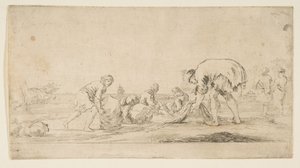 En fiskare som tar in sina nät, en man till vänster som skjuter en bal till höger, tvåsits..., ca. 1662. av Stefano della Bella