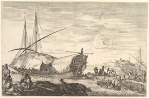 En galär täckt av segel, ur ”Utsikter över hamnen i Livorno” (Vues du port de Livourne) av Stefano della Bella